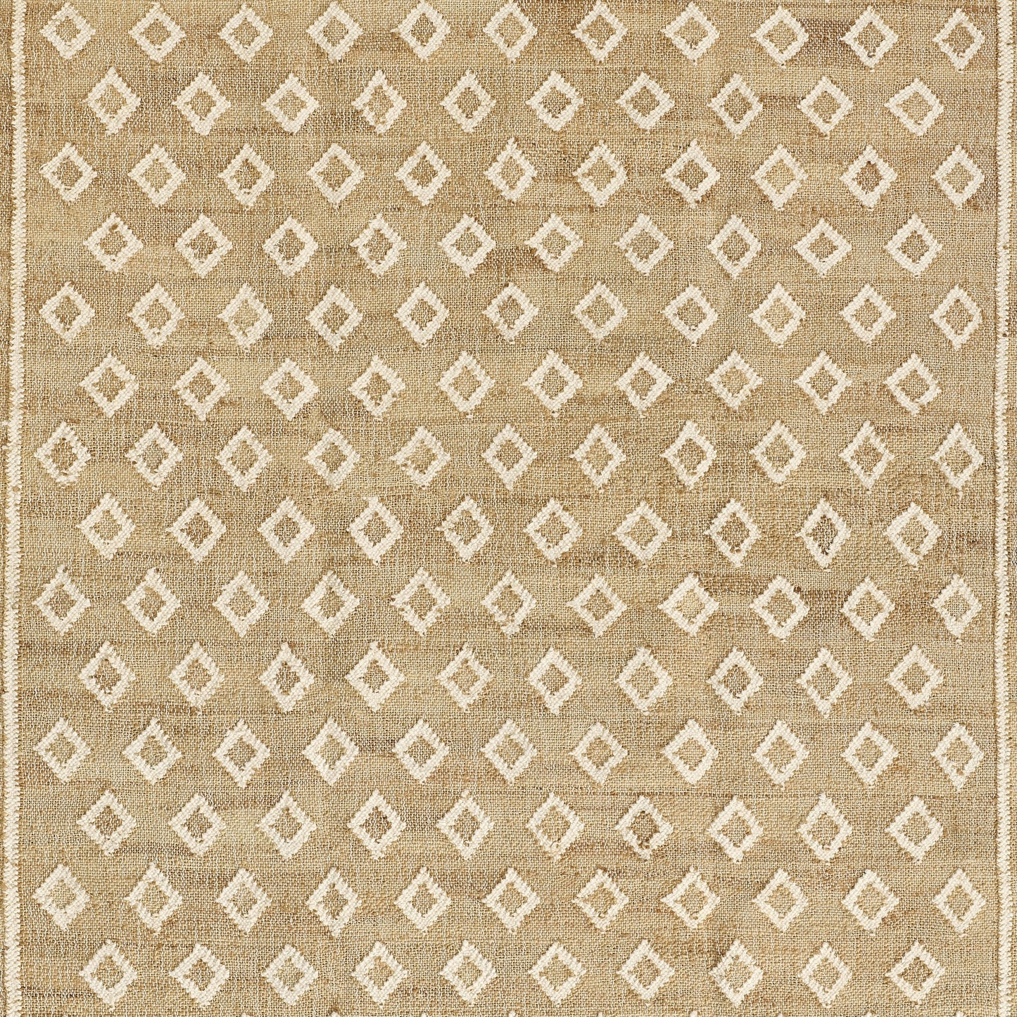 Beige natural jute rug with white diamond lattice pattern, rectangular boho-modern floor accent