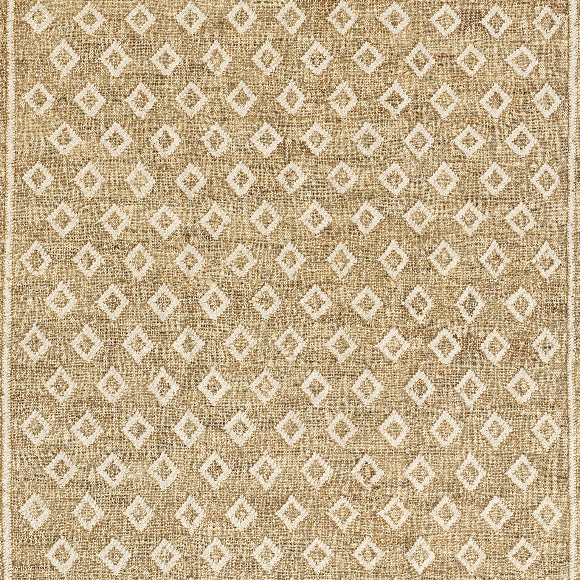 Beige natural jute rug with white diamond lattice pattern, rectangular boho-modern floor accent