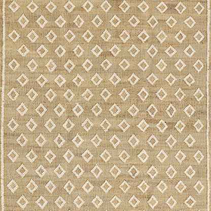 Beige natural jute rug with white diamond lattice pattern, rectangular boho-modern floor accent