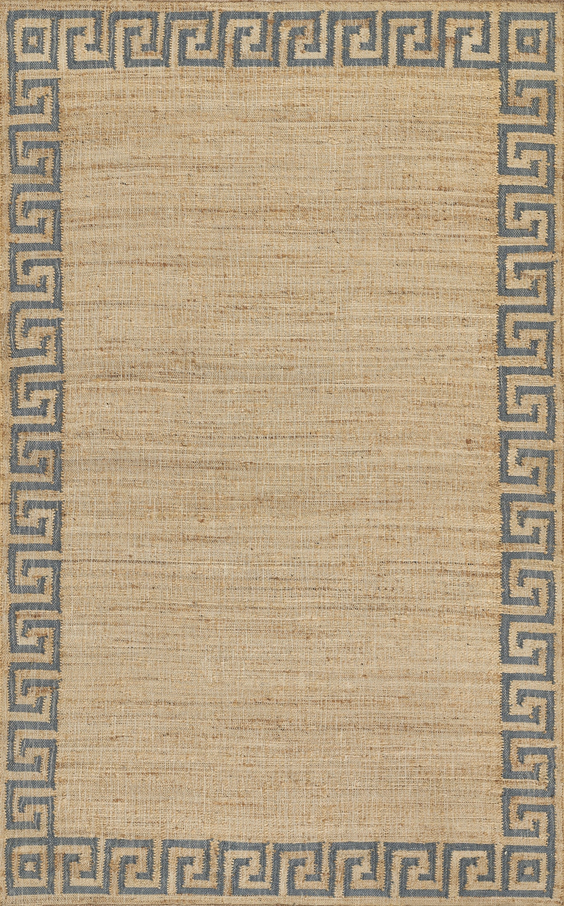 Rectangular beige woven rug with a blue Greek-key border and natural fiber texture.