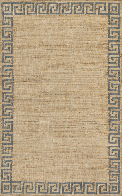 Rectangular beige woven rug with a blue Greek-key border and natural fiber texture.