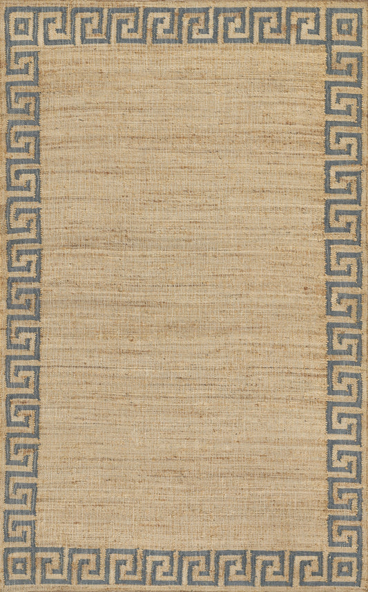 Beige woven rug with blue Greek key border around edges; rectangular natural-fiber style for living room or bedroom.