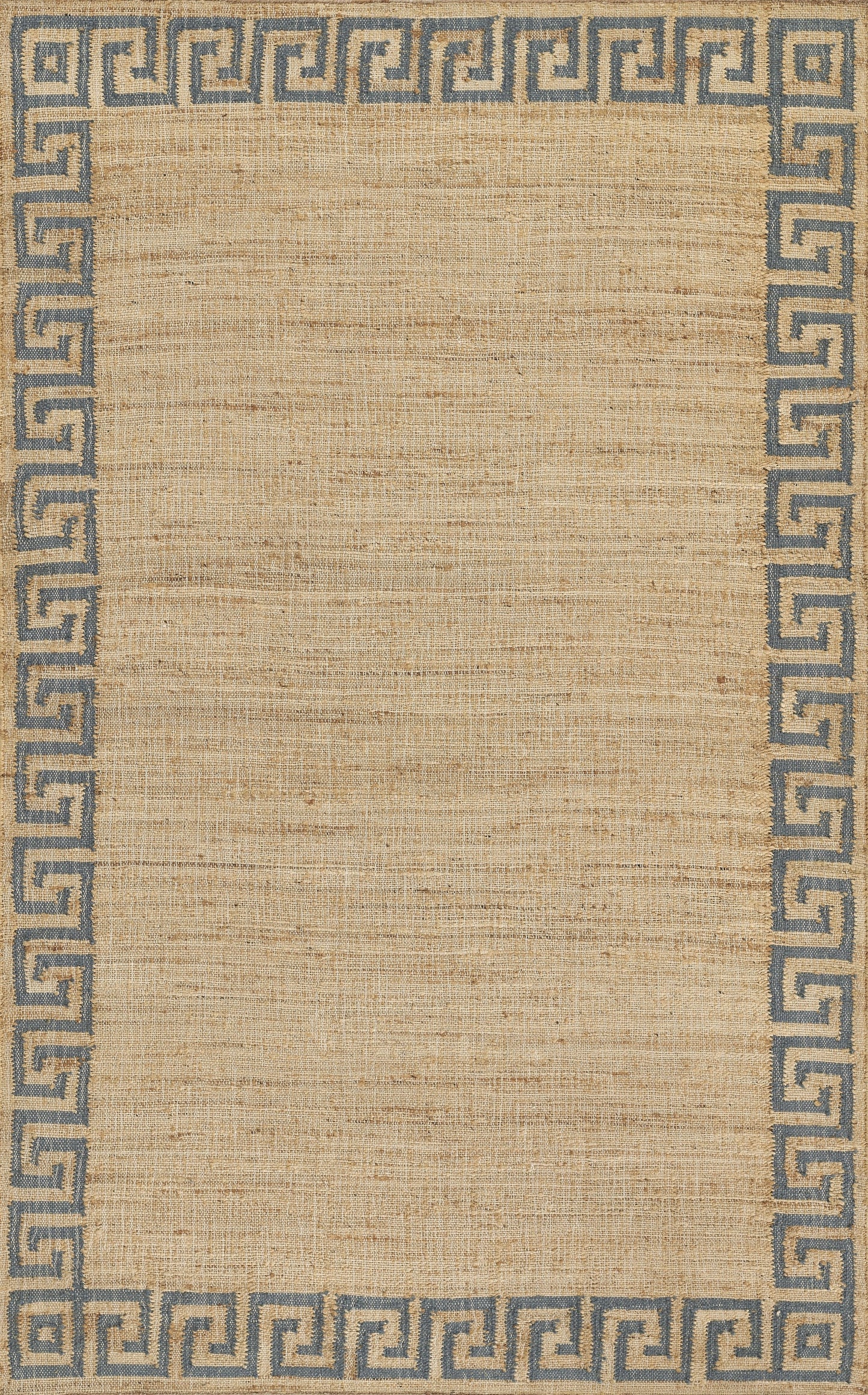 Beige woven jute rug, rectangular with blue Greek-key border; natural texture, coastal ethnic style.
