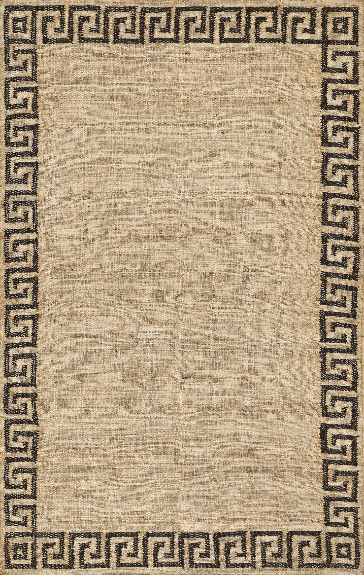 Natural jute rug with a dark Greek key border on all sides; rectangular, casual coastal decor.