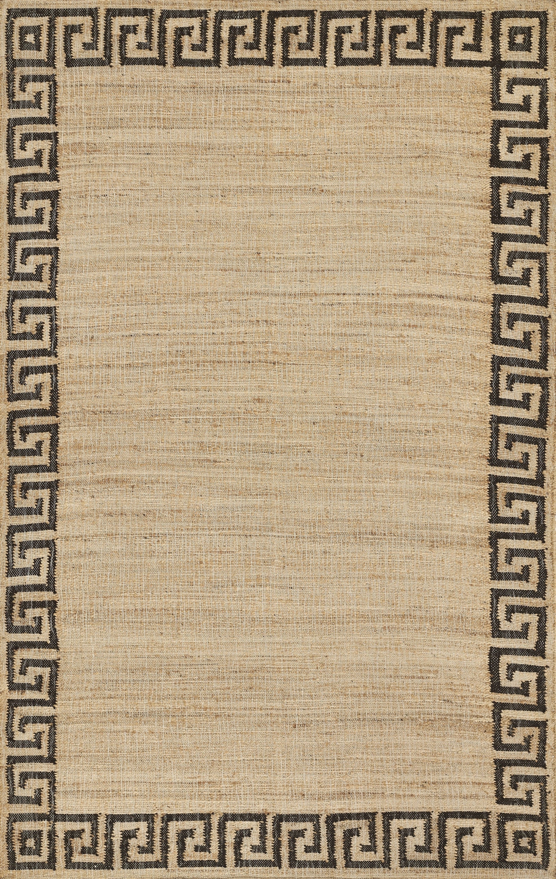 Rectangular beige natural-fiber rug with a dark brown Greek-key meander border.