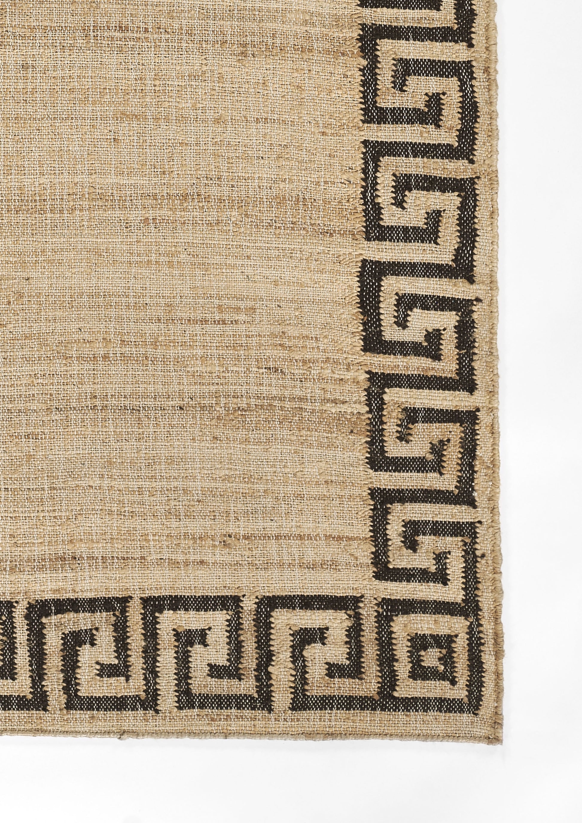 Natural jute rug with black Greek key border; rectangular, textured weave for casual living spaces.