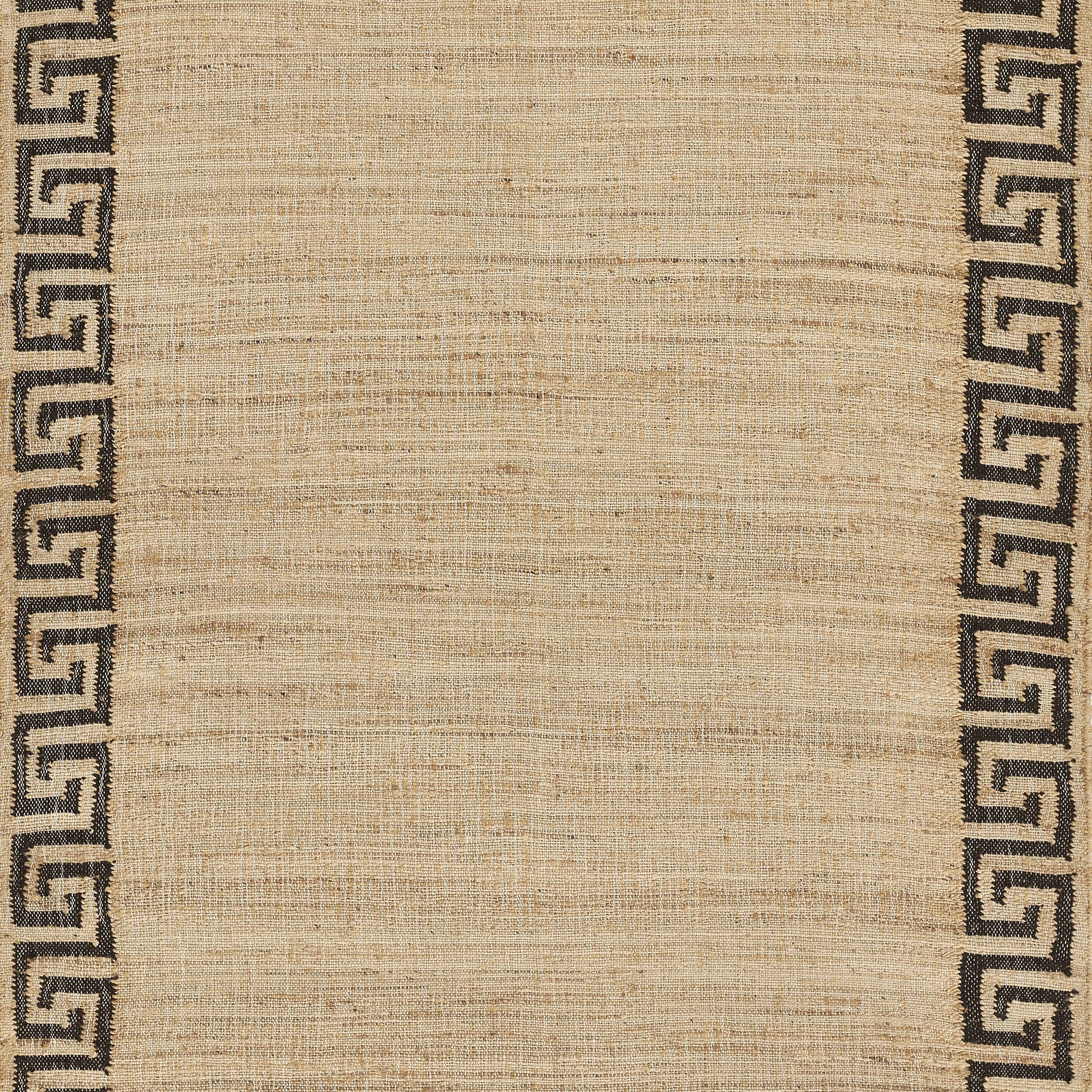 Beige woven rug with black Greek key border along the sides, natural jute texture.