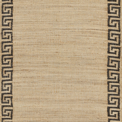 Beige woven rug with black Greek key border along the sides, natural jute texture.