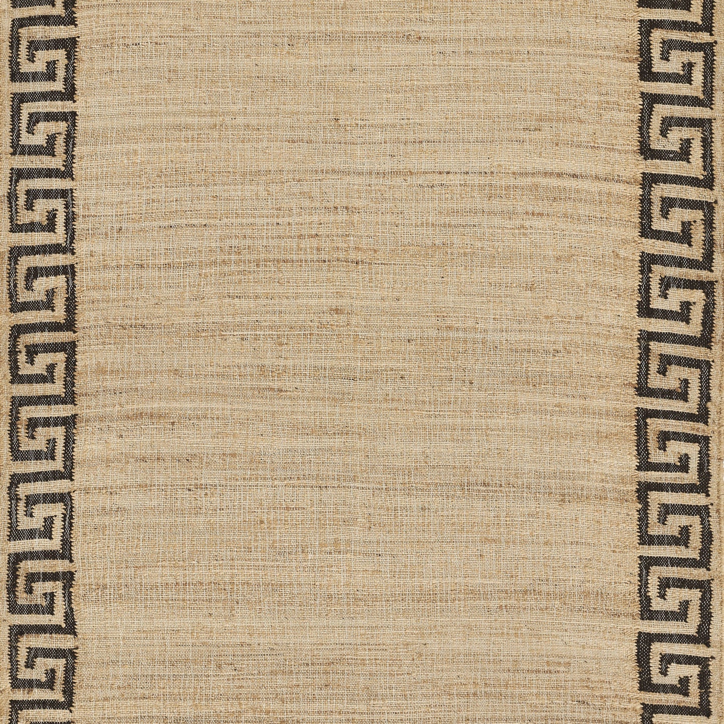 Beige woven rug with a black Greek-key border along the sides, neutral natural-fiber look.