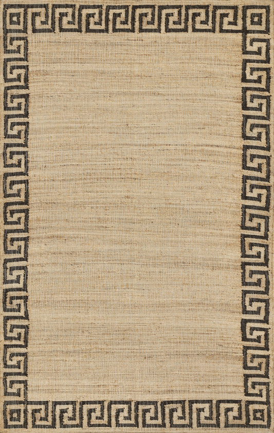 Natural beige jute rug with a dark Greek key border; rectangular, woven texture, ideal for casual living spaces.