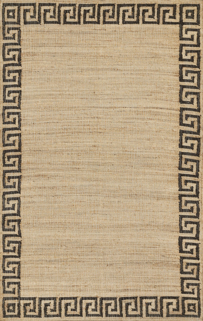 Natural beige jute rug with a dark Greek key border; rectangular, rustic home decor.