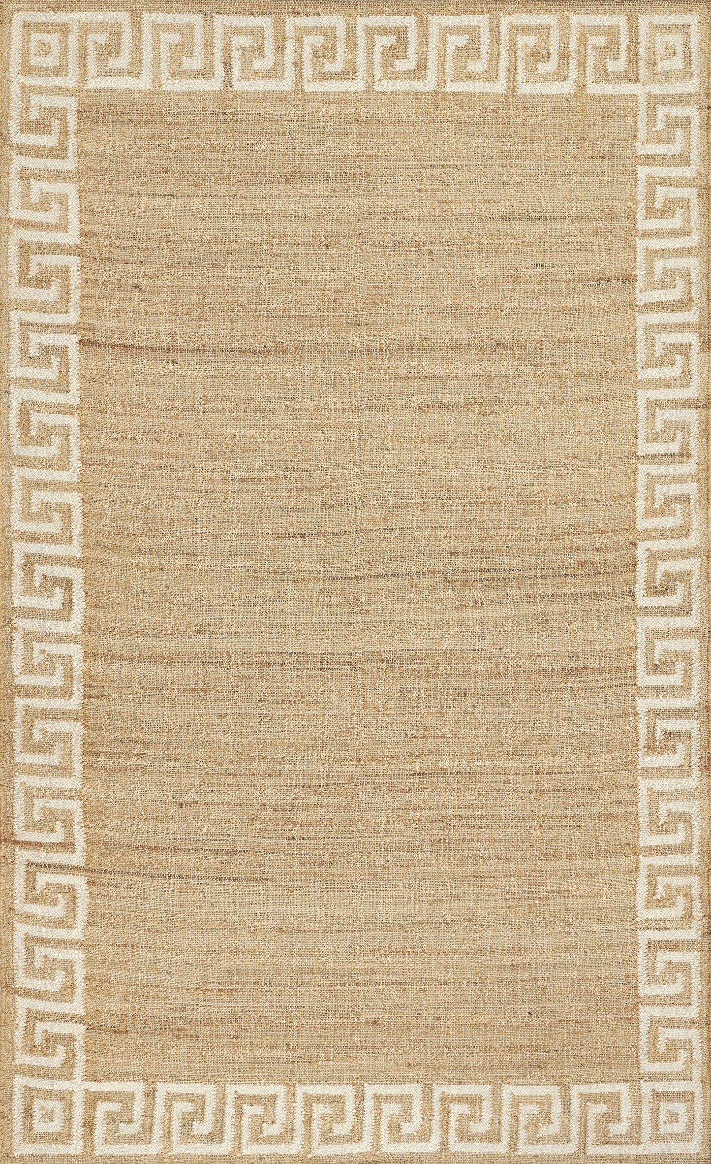 Beige jute rug with cream Greek-key border along edges.