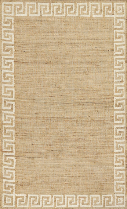 Natural beige jute rug, rectangular, with a white Greek-key border along the edges.