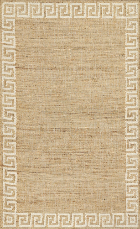 Natural beige jute rug, rectangular, with a white Greek-key border along the edges.