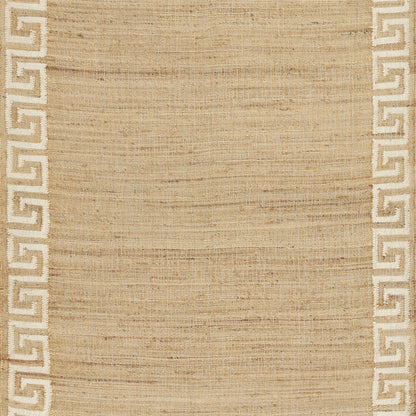 Natural jute rug with a textured beige center and cream Greek key border along the sides.