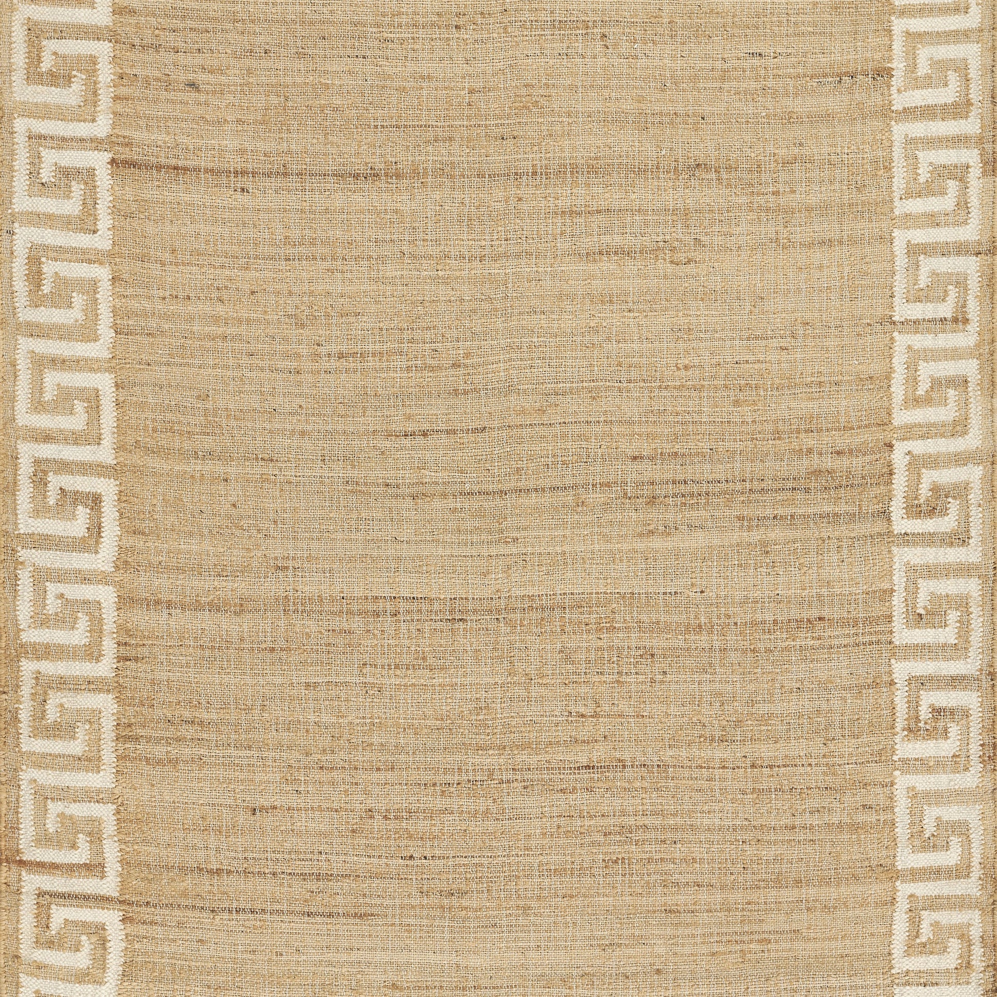 Natural beige woven rug runner with cream Greek key border, textured fiber look, rectangular.