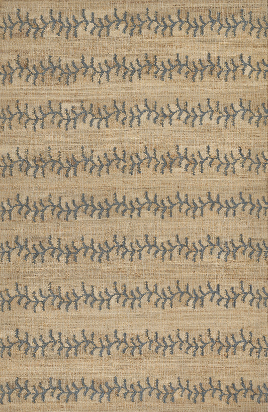 Beige woven rug with horizontal blue botanical stripe pattern and rustic textured weave.