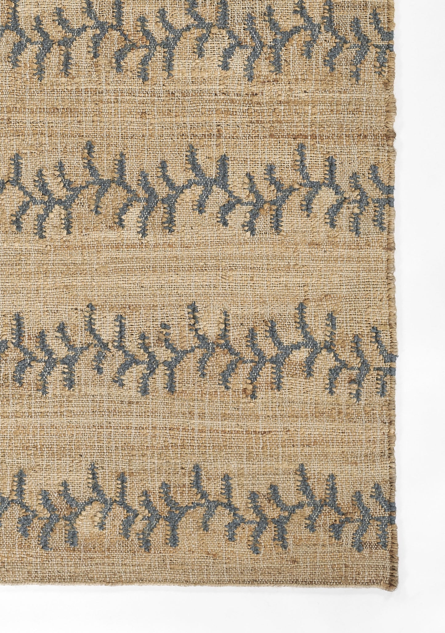 Beige jute rug with blue vine stripe motifs in horizontal bands; natural fiber, rectangular coastal style, 3'6" x 5'6