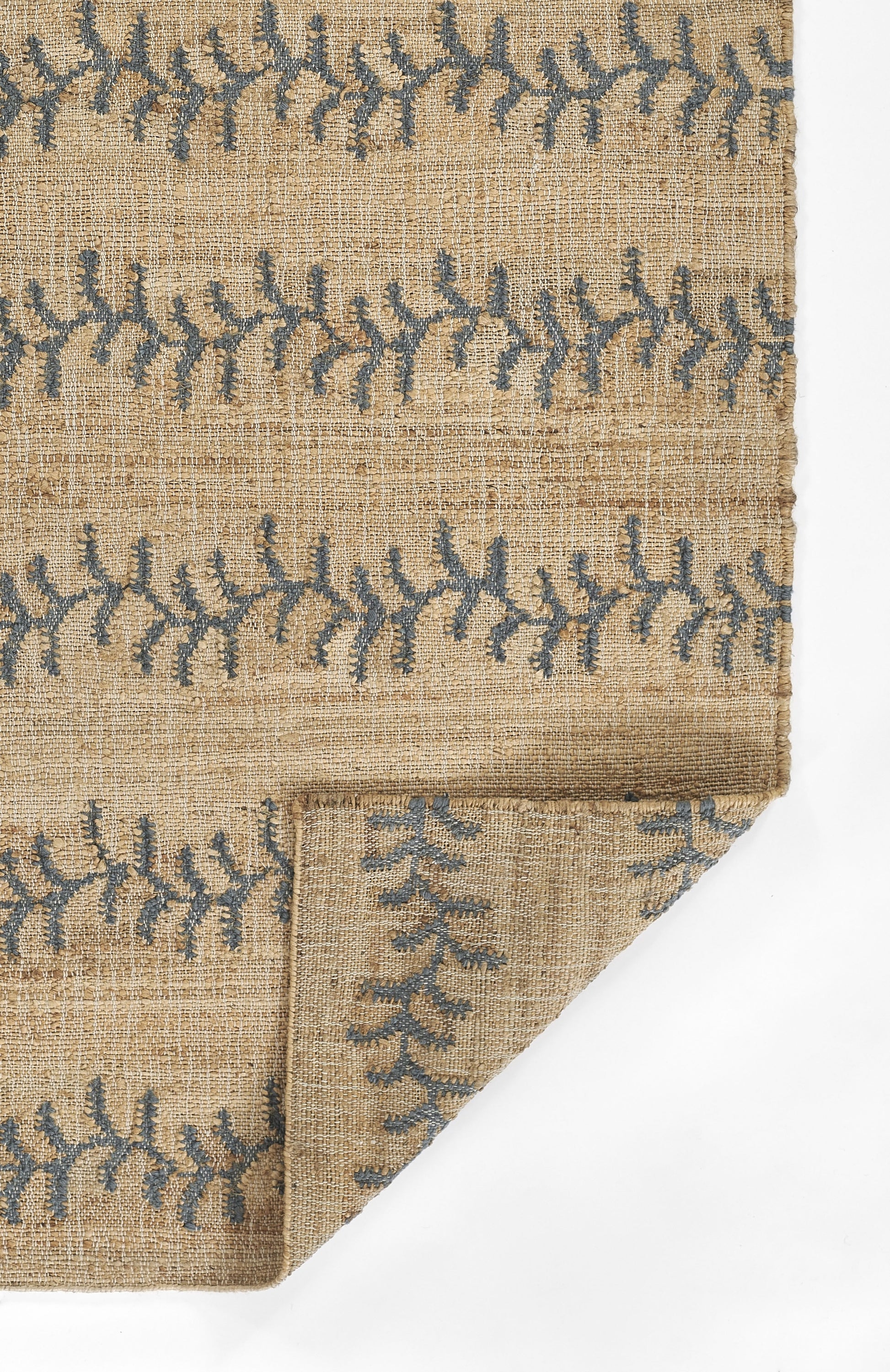 Beige rug with a blue stripe pattern; rectangular 8' x 10' with a folded corner.