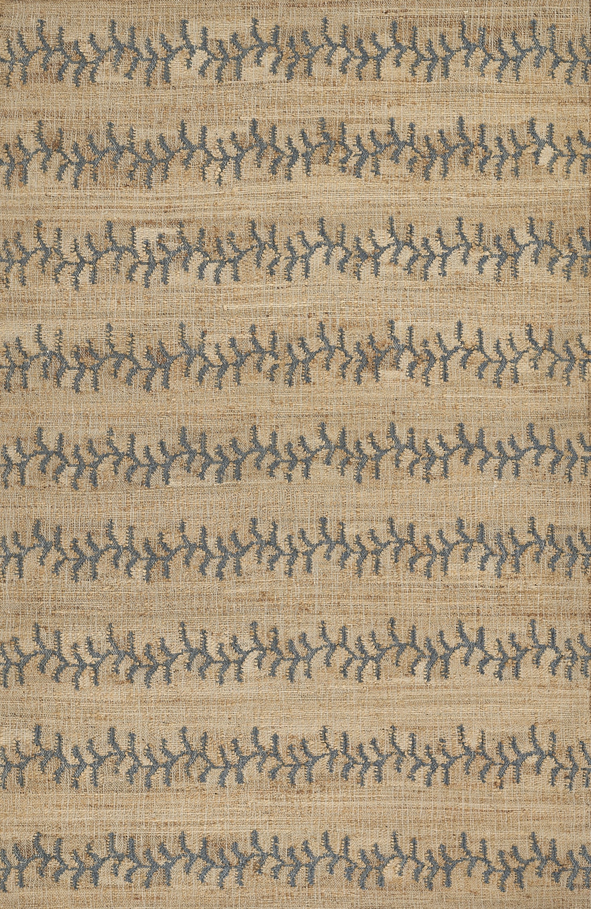 Beige woven rug with blue coral-like stripes forming horizontal bands