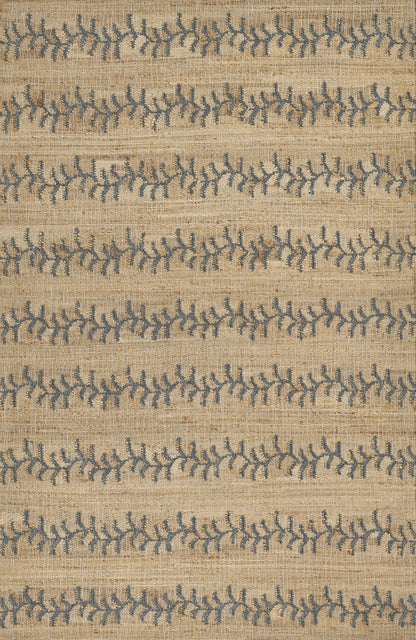 Beige woven rug with blue leafy branch motifs in horizontal stripes; natural fiber texture.