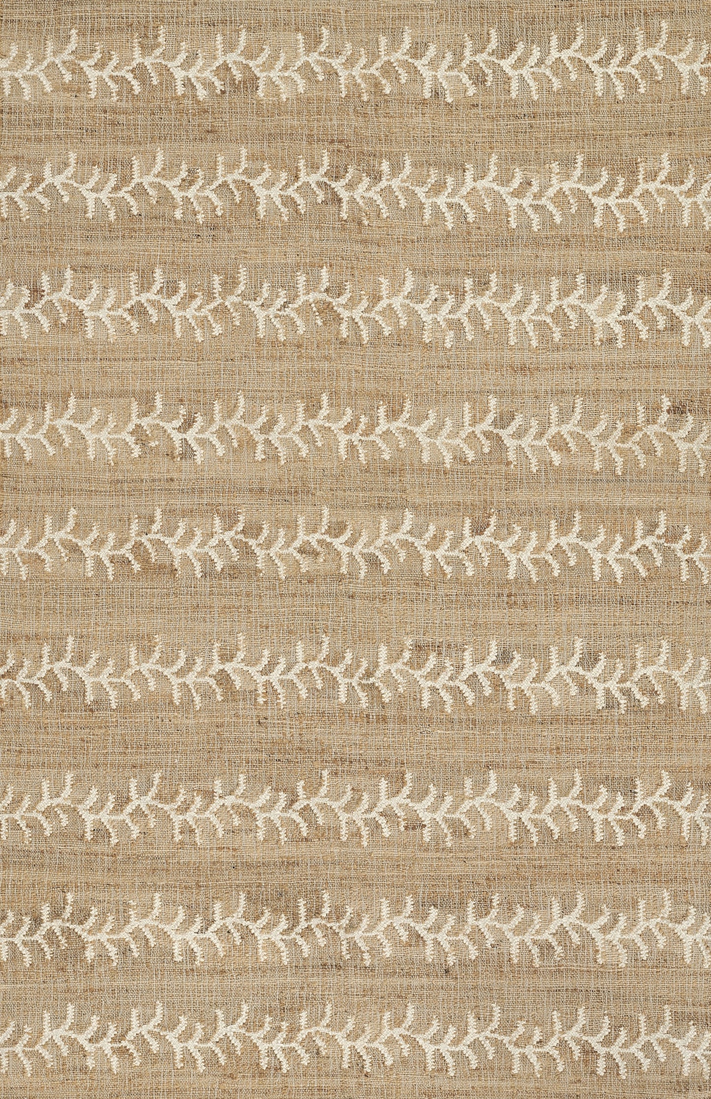 Beige rug with white embroidered leafy vine motifs in repeating horizontal stripes, 2' x 3'.