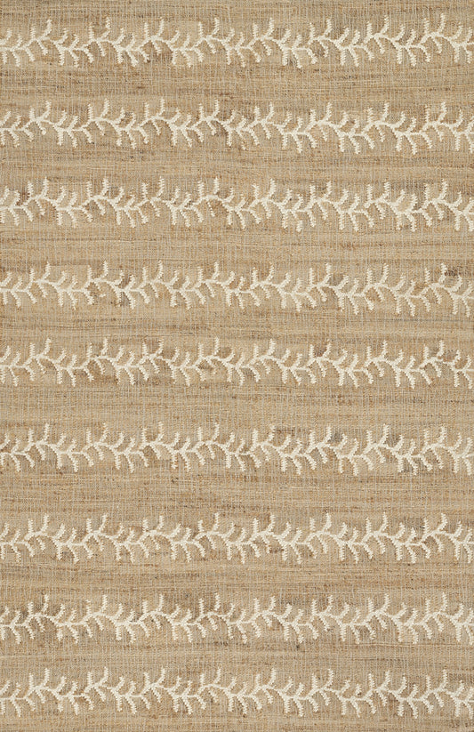 Beige linen-like fabric with repeating ivory leaf vine embroidery in horizontal stripes; rustic natural home textile.