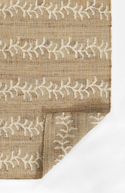 Natural jute rug with white embroidered ivy vine pattern in horizontal bands, rustic boho style.