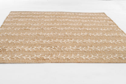 Natural beige jute runner with white vine stripe pattern, flatwoven rectangular; rustic home decor.
