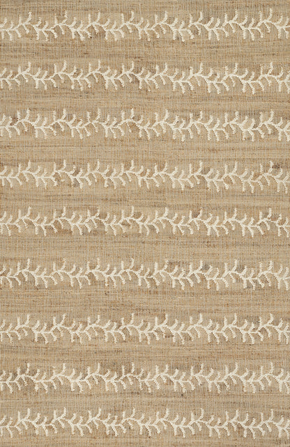Beige linen fabric with white embroidered leafy vine stripes.
