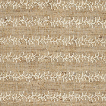 Beige linen-like rug with white embroidered leafy vines in horizontal stripes.