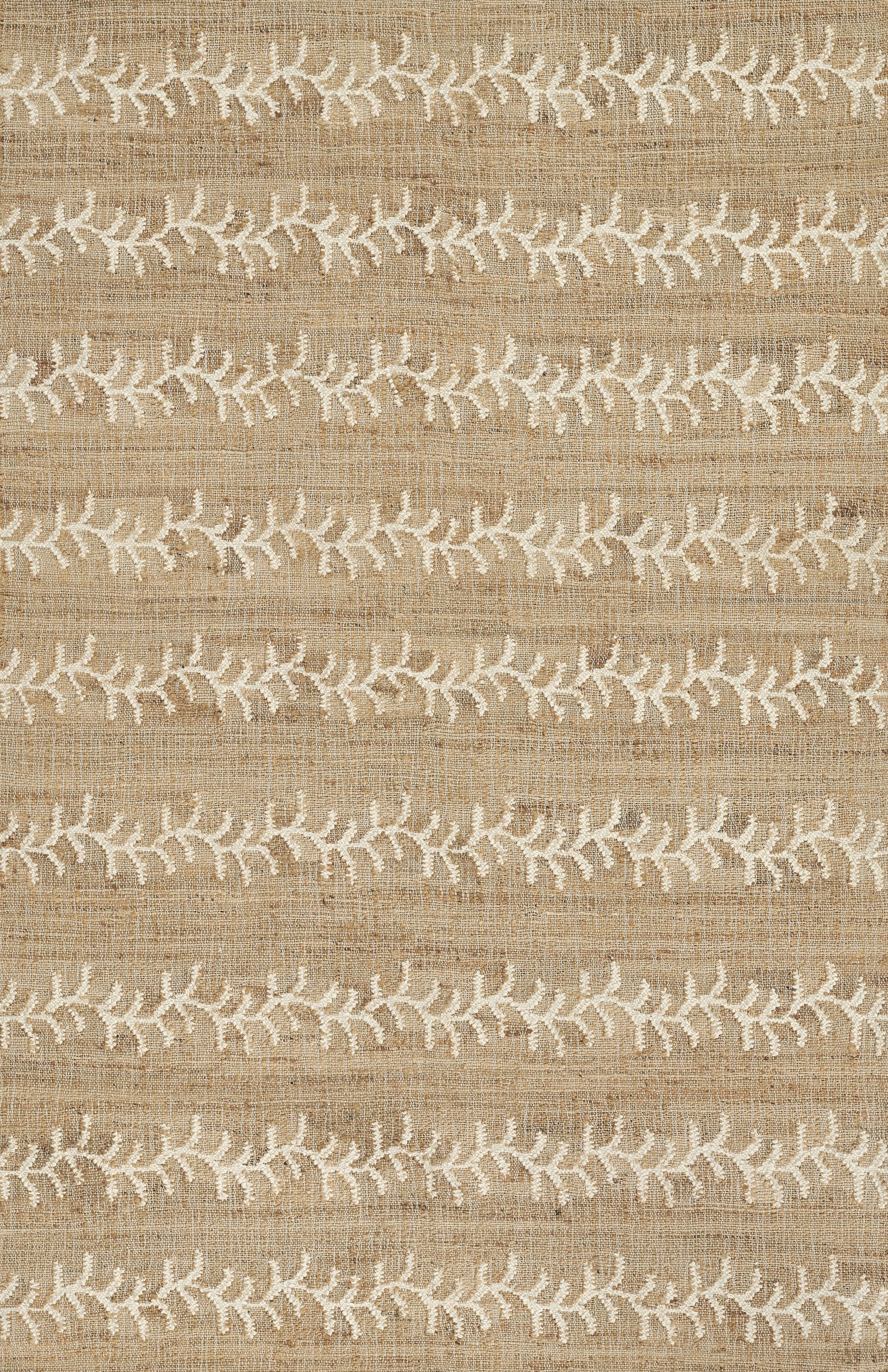Beige woven textile with white leaf-vine embroidery in horizontal stripes.