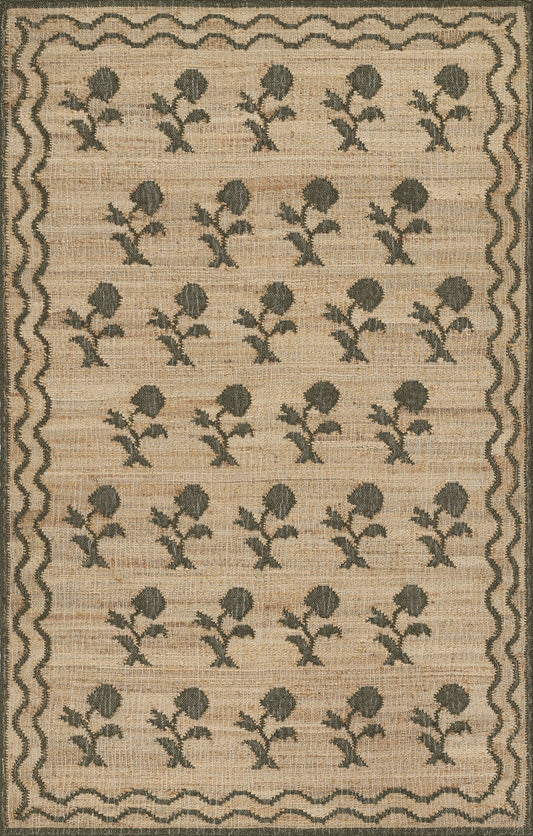 Beige woven rug with repeating dark green rose motifs in neat rows, framed by a scalloped wavy border.