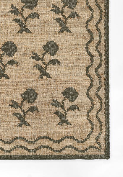 Beige woven rug with dark green floral motifs and a wavy border; natural fiber look, 3'6" x 5'6