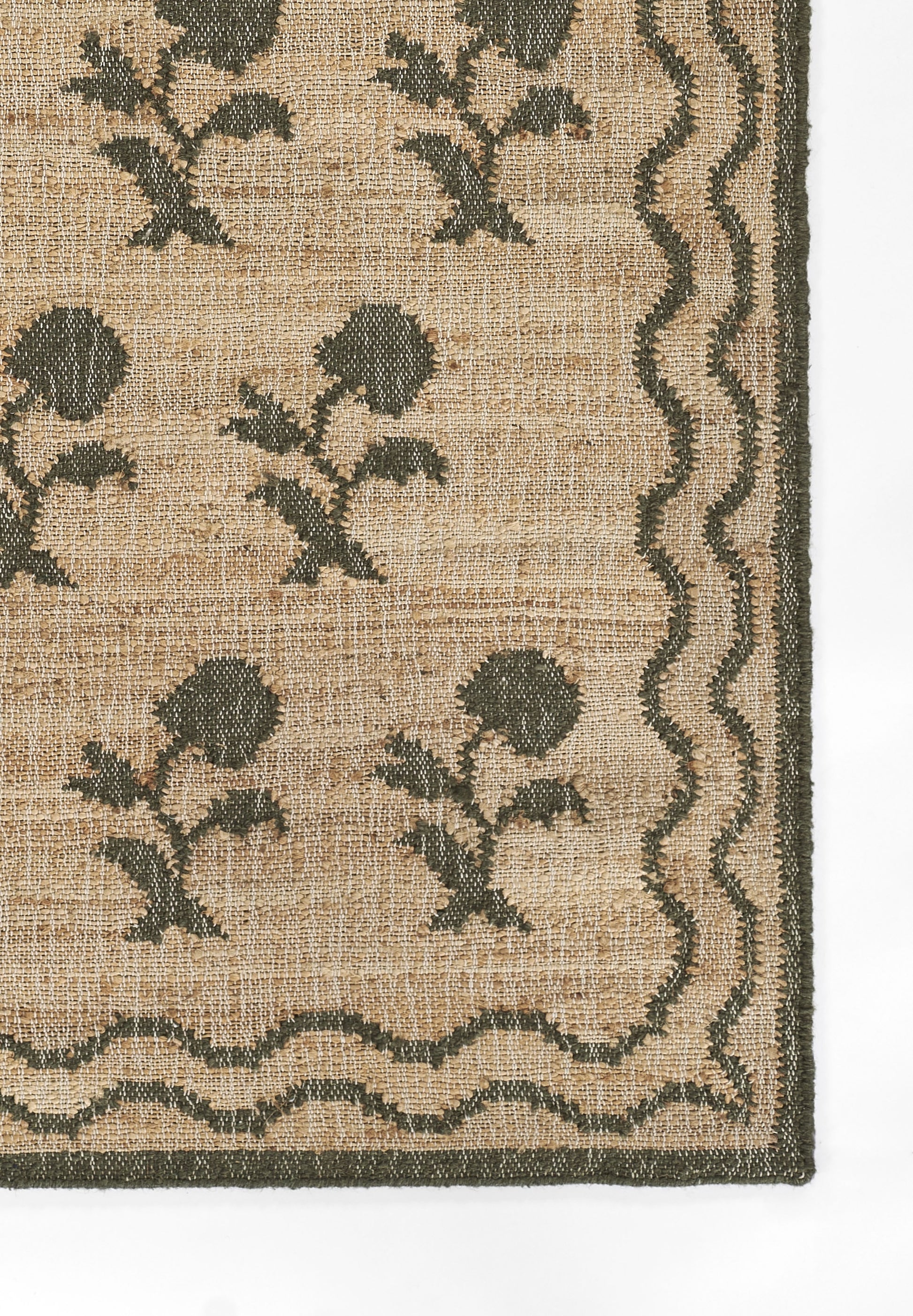 Beige woven runner rug with dark olive green floral motifs and wavy borders; natural fiber texture, measures 2'3" x 8'.