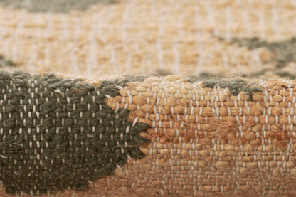 Two-tone olive green and natural beige woven jute rug with chunky texture; rustic boho flatweave.