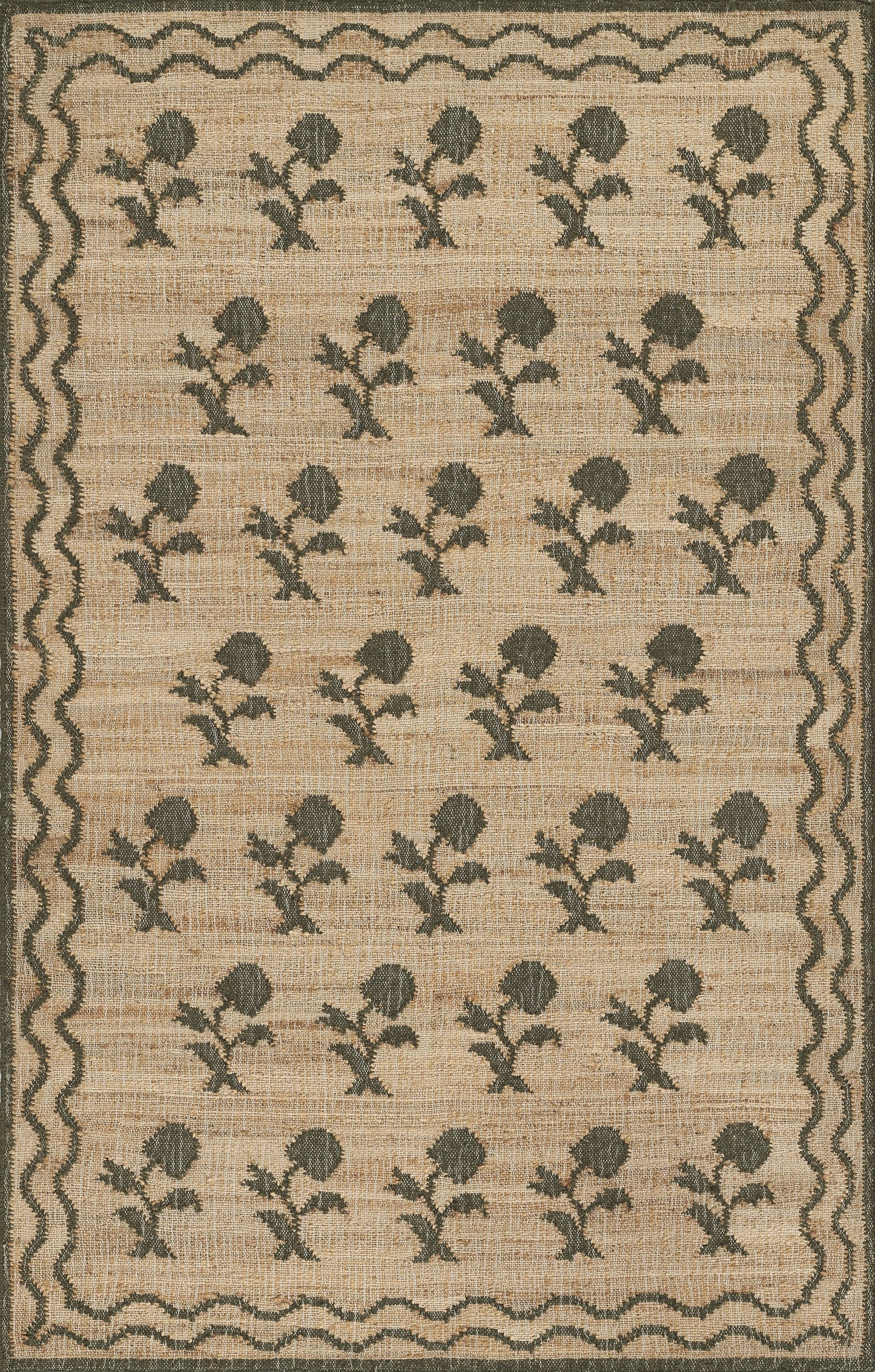 Beige woven rug with repeated grey-green rose motifs in neat rows and a wavy border.