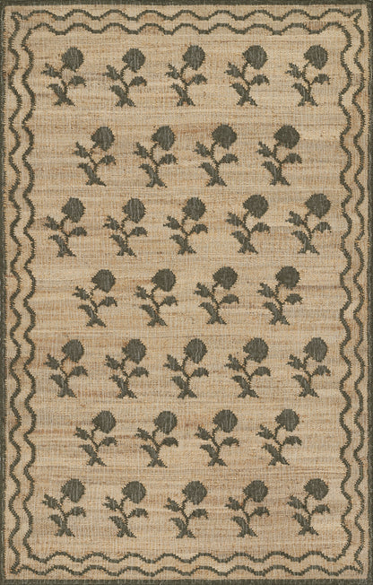 Beige woven rug with repeated grey-green rose motifs in neat rows and a wavy border.