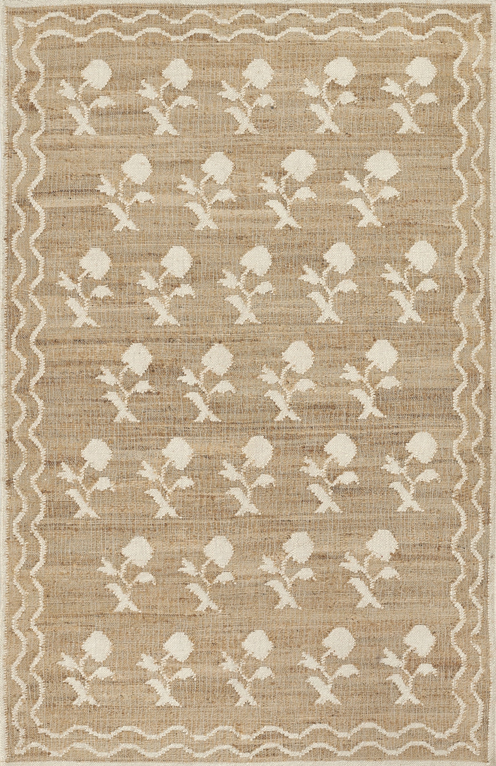 Natural beige jute rug with repeating ivory floral motifs and a decorative wavy border.