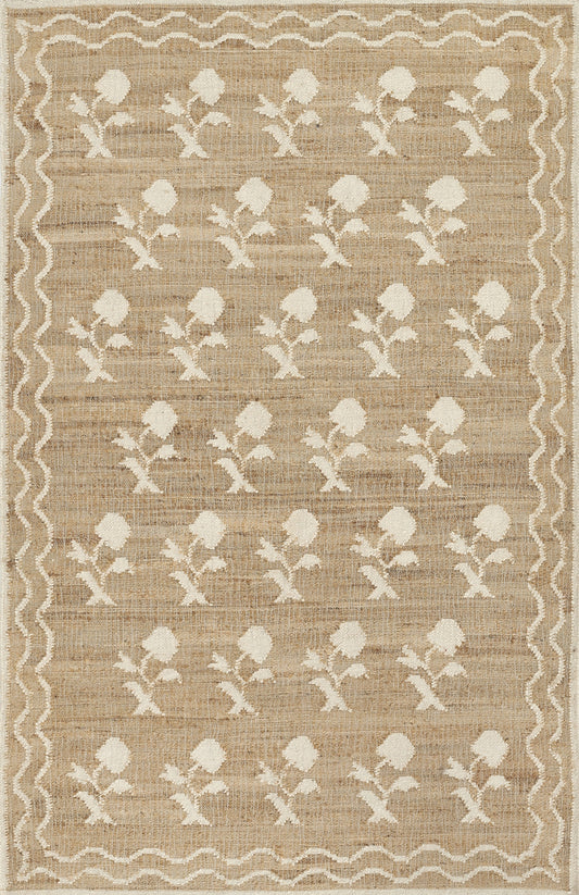 Natural beige jute rug with repeating ivory floral motifs and a decorative wavy border.