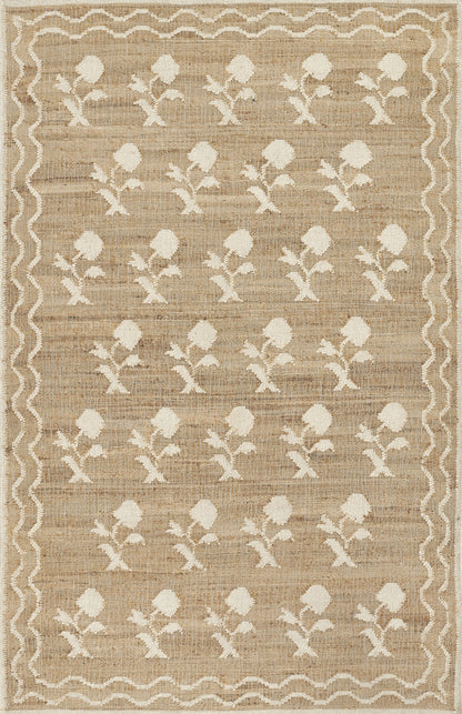 Beige woven rug with repeating white rose silhouettes in rows and a wavy border.