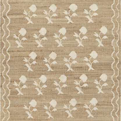 Beige jute rug with repeating cream floral motifs and a white wavy border along the sides.