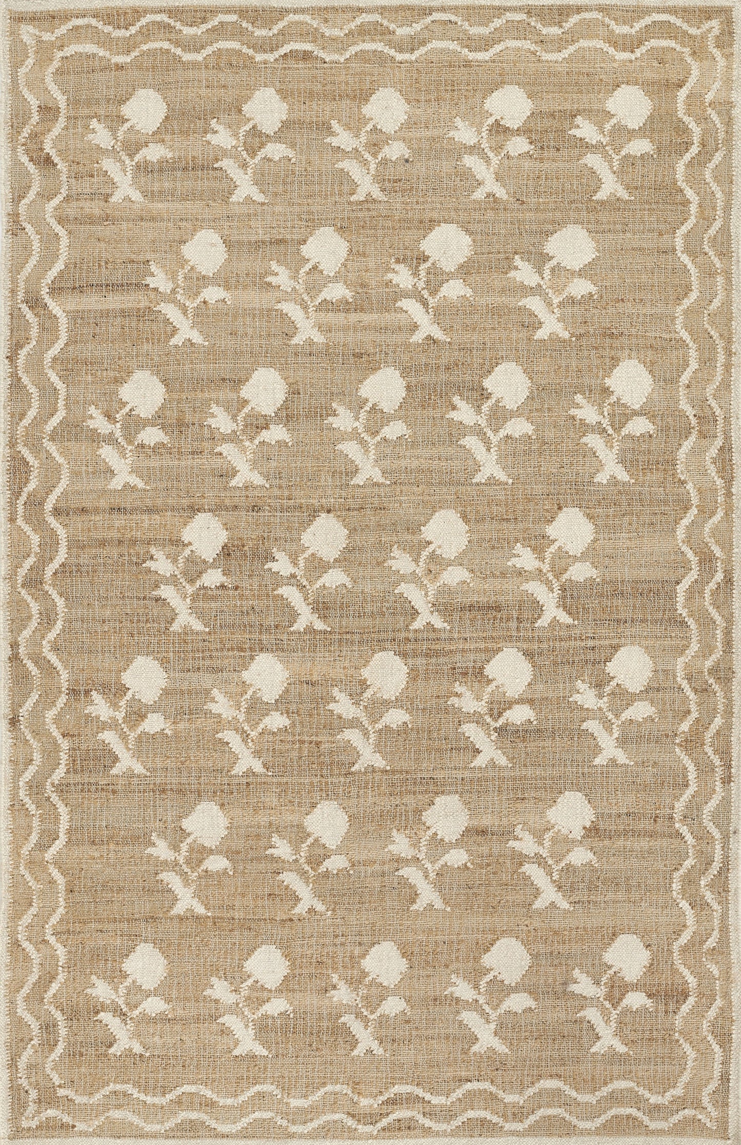 Beige woven rectangular rug with white stylized flower bouquets in rows and a wavy border.