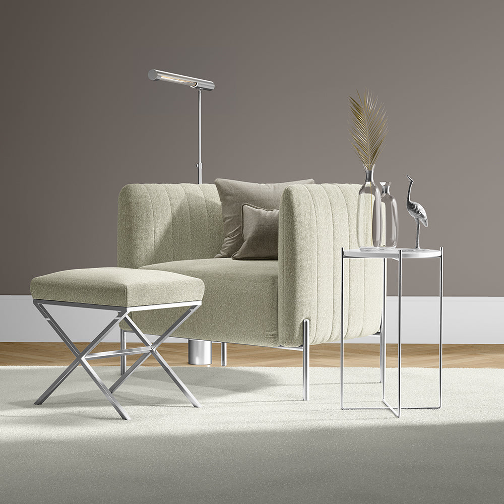 Cream solid fabric texture (NJ25-2511) shown in a neutral room setting; visible furniture and decor in muted tones.