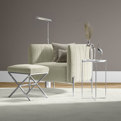 Cream solid fabric texture (NJ25-2511) shown in a neutral room setting; visible furniture and decor in muted tones.