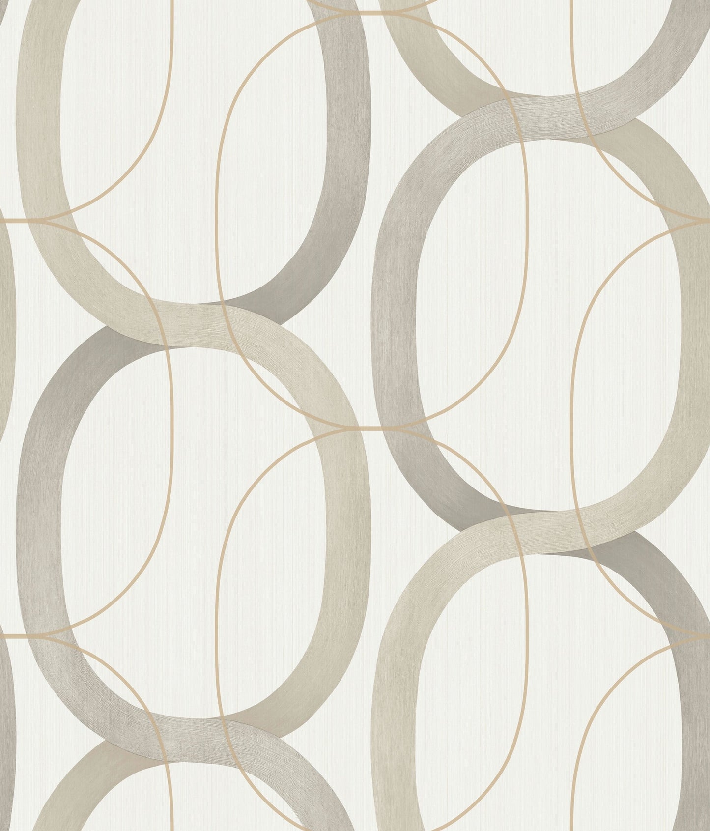 Neutral wallpaper with large taupe & gray interlocking loops & tan outlines on off-white textured background.
