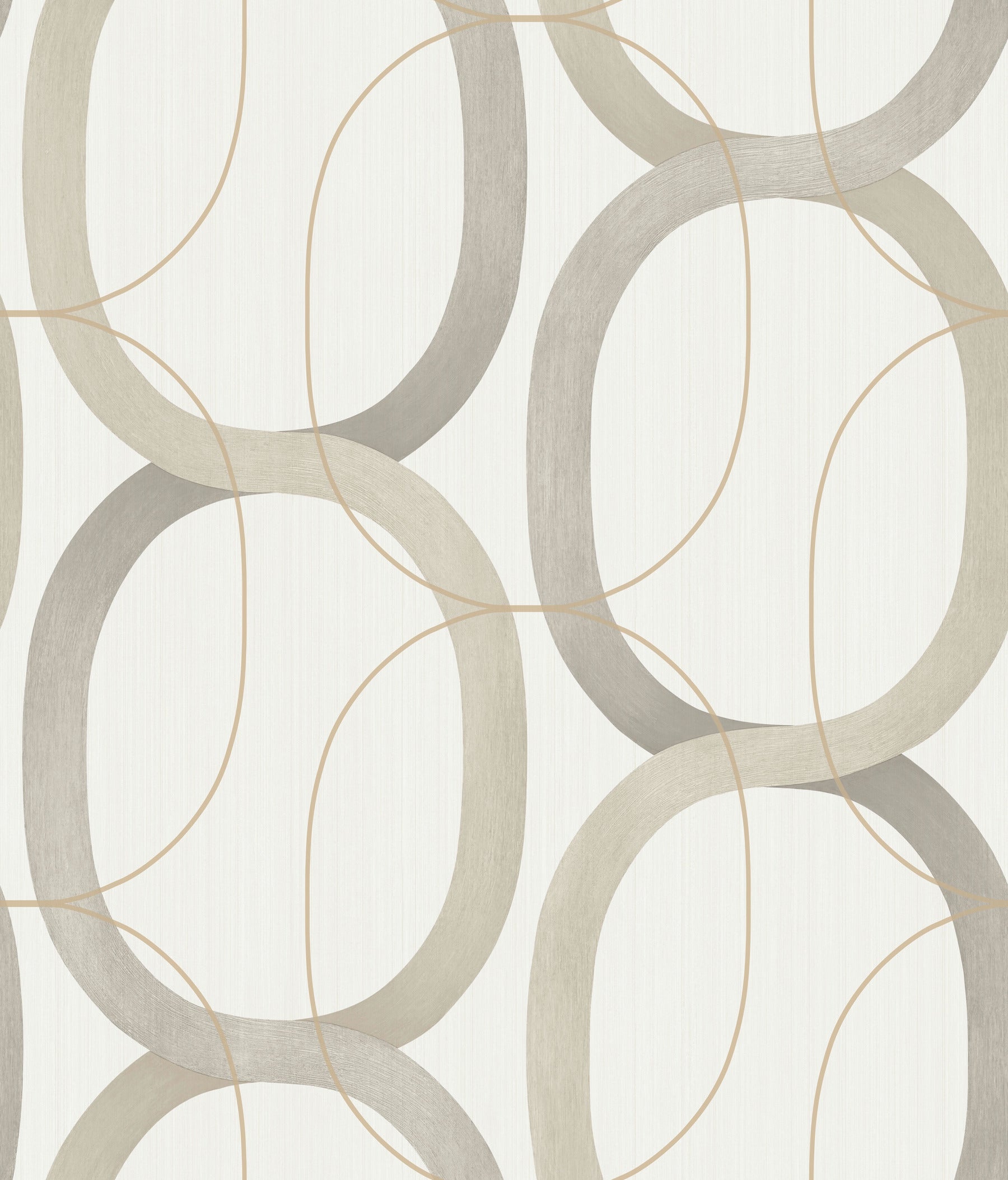 Neutral wallpaper with large taupe & gray interlocking loops & tan outlines on off-white textured background.