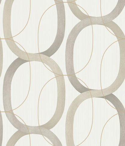 Neutral wallpaper with large taupe & gray interlocking loops & tan outlines on off-white textured background.