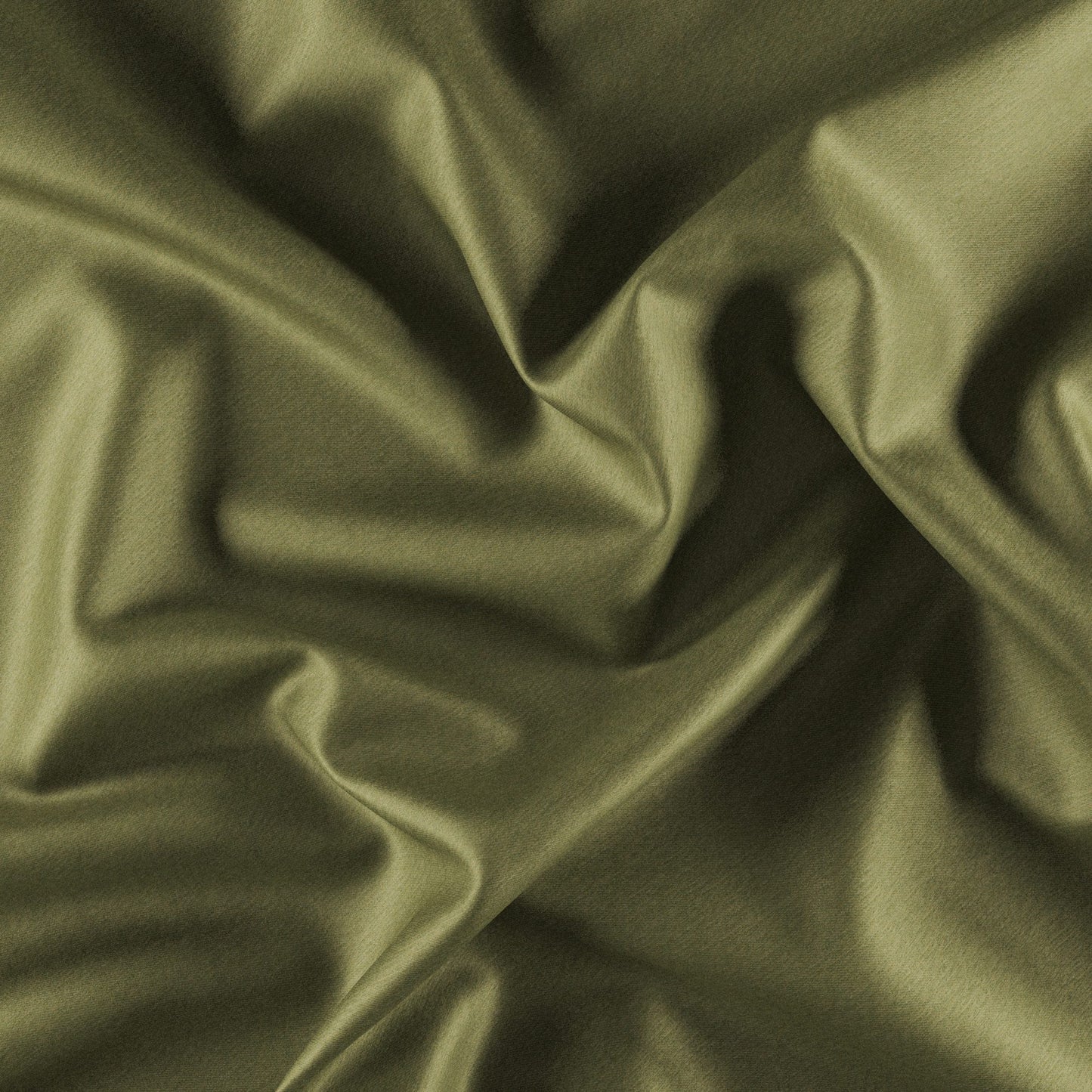 Olive green dimout fabric with smooth, flowing folds and subtle sheen.