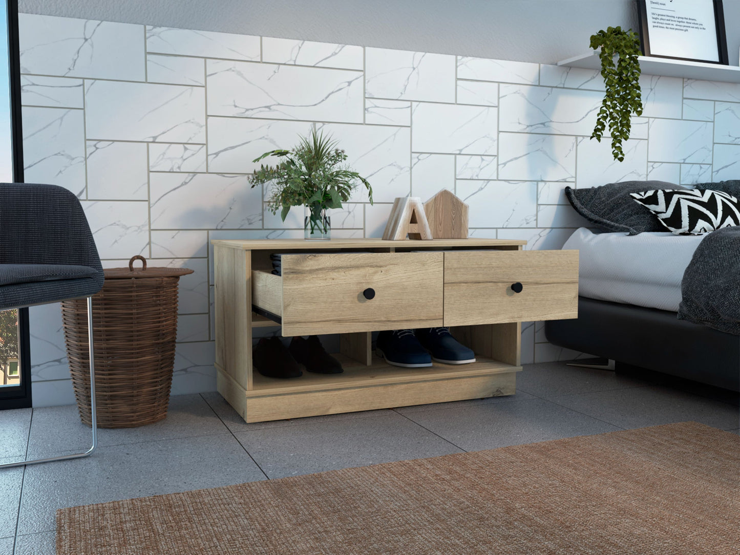 Storage Bench with Two Open Shelves & Two Drawers